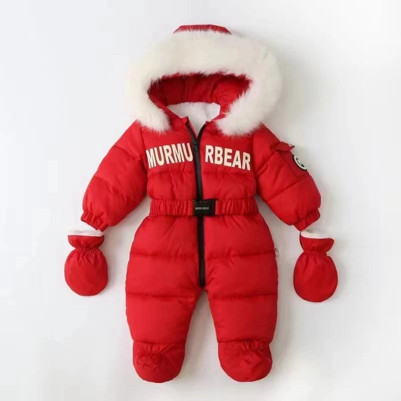 Winter Newborn Baby Jumpsuit – Thick Plus Velvet Hooded Snowsuit with Gloves