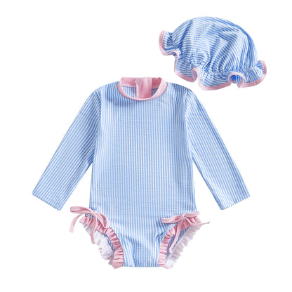 Baby girl swimsuit  / Striped zipper set with hat