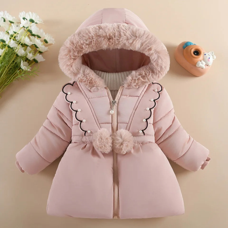 Warm Winter Jacket for Girls – Thickened Cotton Coat with Large Hairy Collar