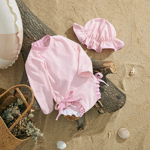 Baby girl swimsuit  / Striped zipper set with hat
