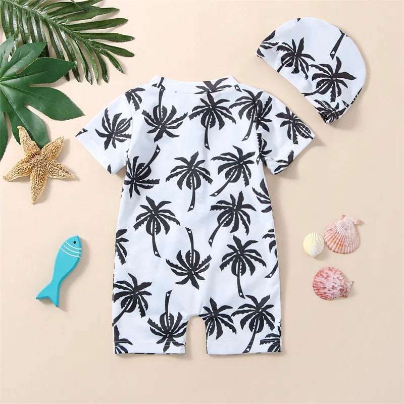 Cartoon tree print jumpsuit with hat