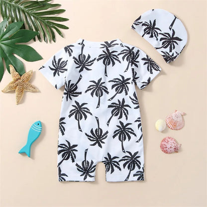 Cartoon tree print jumpsuit with hat