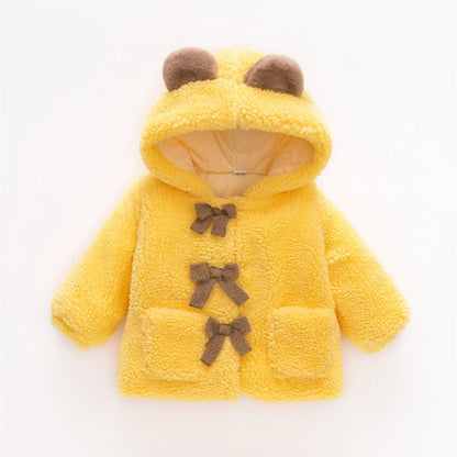 Winter Girl’s Coat – Furry Hooded Bear Ears & Bow Detail