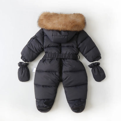 Winter Newborn Baby Jumpsuit – Thick Plus Velvet Hooded Snowsuit with Gloves