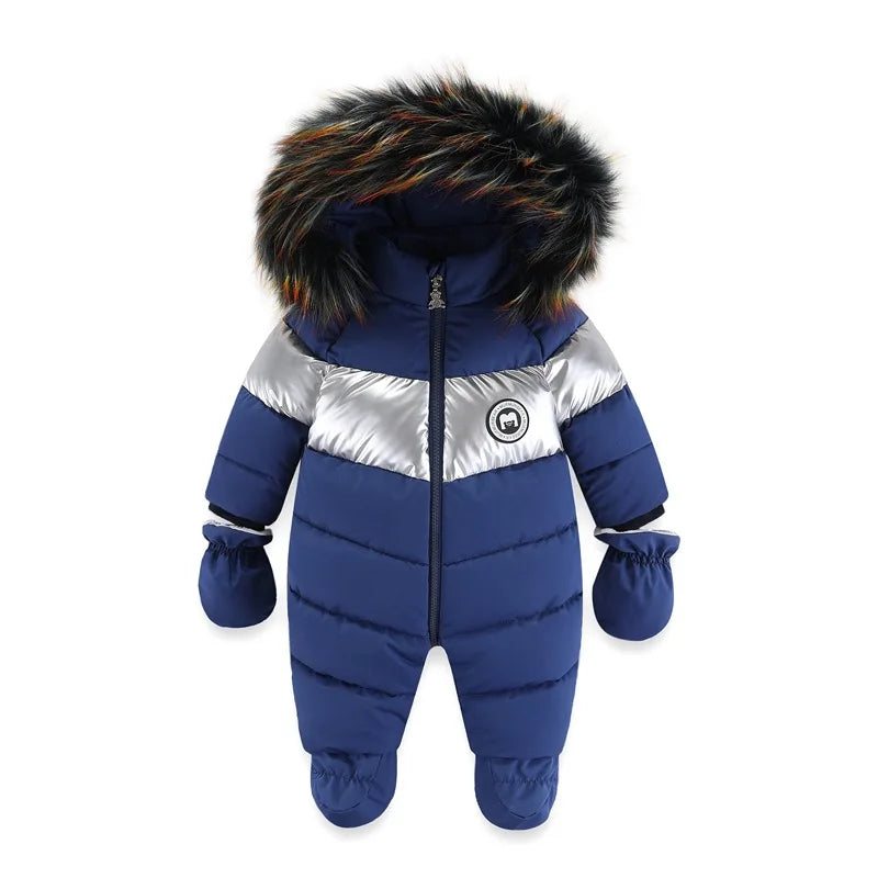 Russian Winter Infant snowsuit– Striped Velvet Overalls with Faux Fur (0–3 Years)
