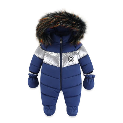 Russian Winter Infant snowsuit– Striped Velvet Overalls with Faux Fur (0–3 Years)
