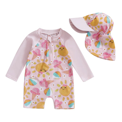 Kids swimwear set  Floral & Tropical zip-up swimsuit with hat